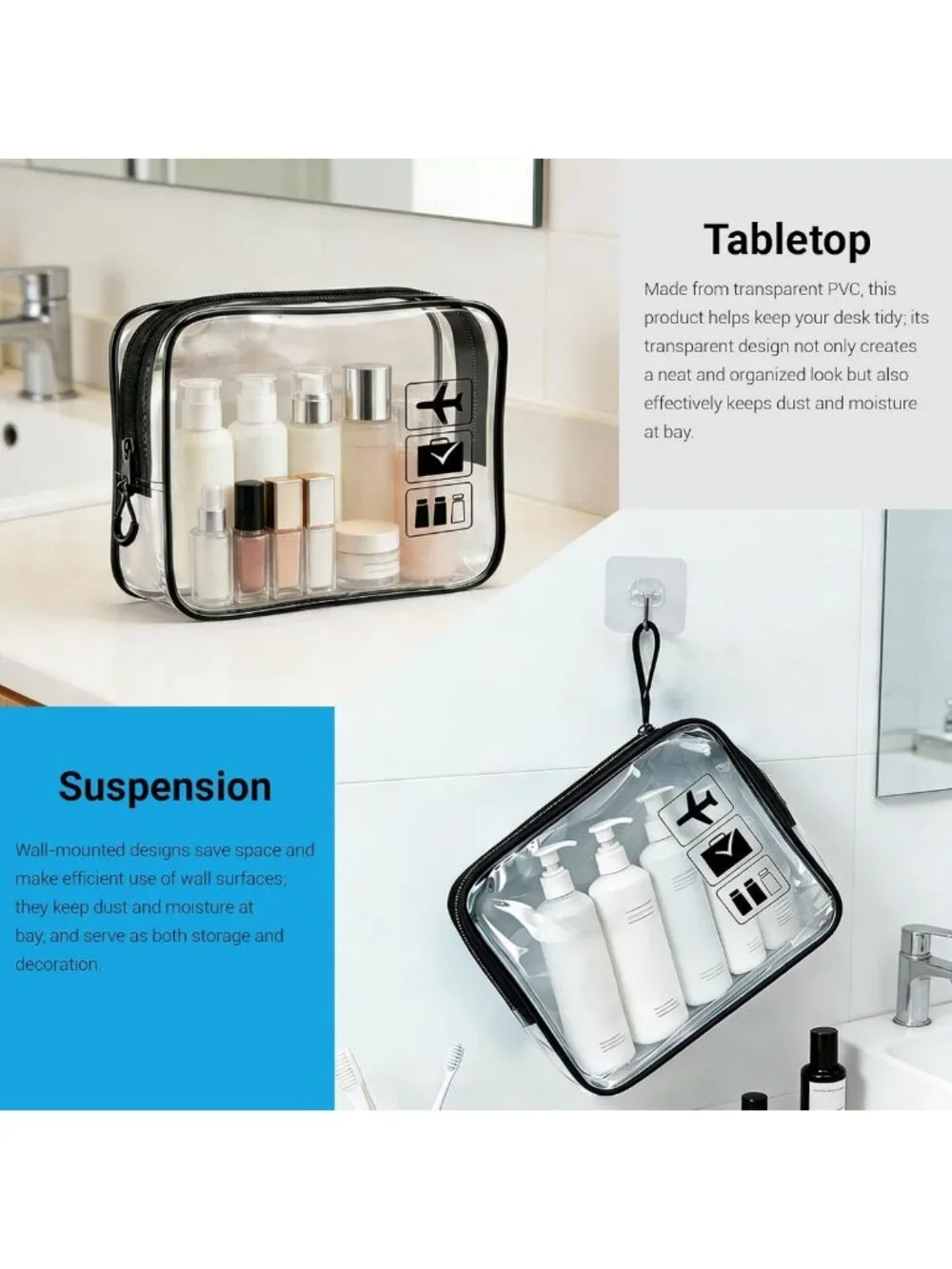 TSA Approved Clear Toiletry Bag Set - 3pcs Travel Makeup & Cosmetic Bags